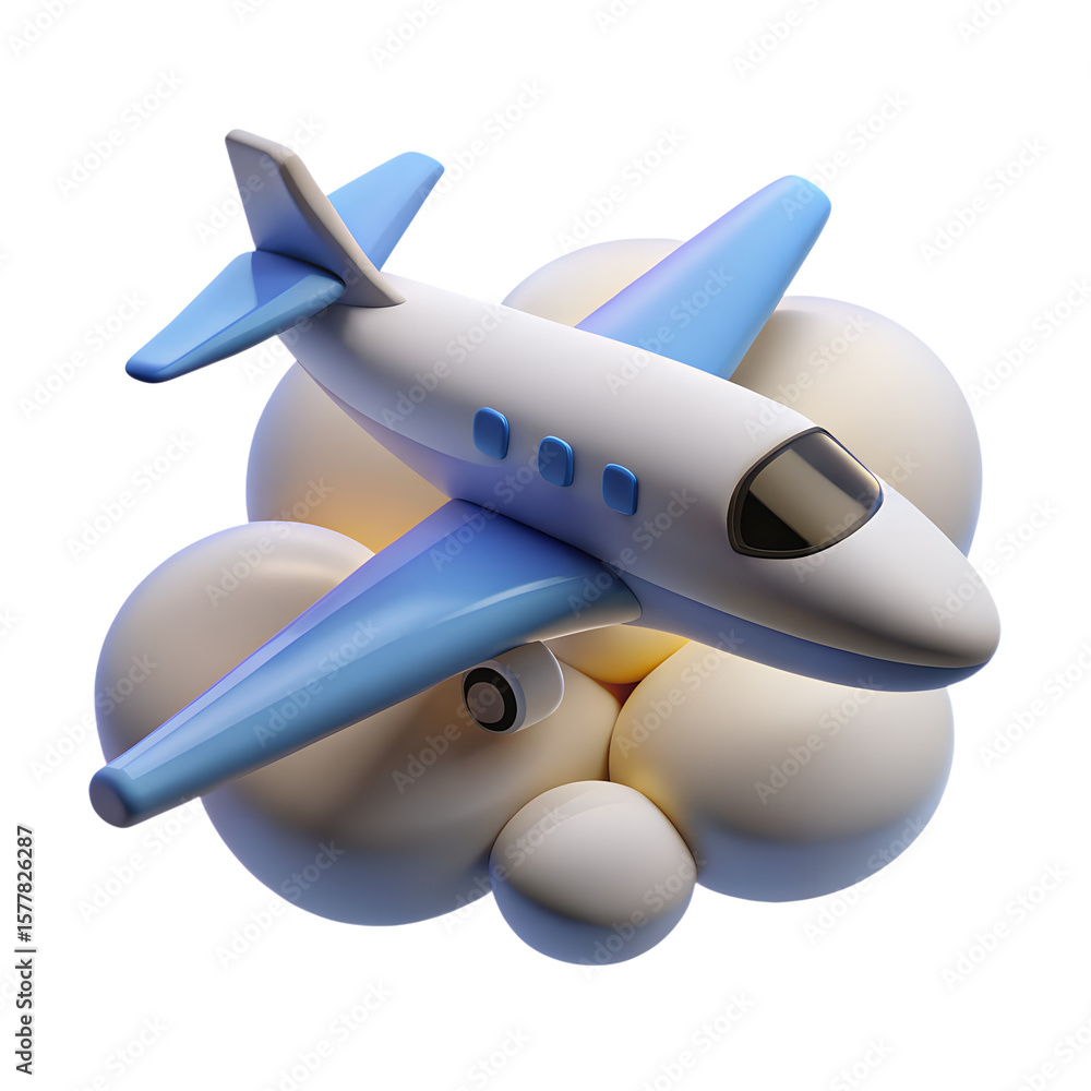 Naklejka premium A white and blue airplane flying through soft clouds, isolated on a transparent background