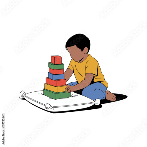 Playtime Stacking: A young child concentrates intently while stacking colorful wooden blocks, engaging in a creative and educational activity, fostering early development and learning