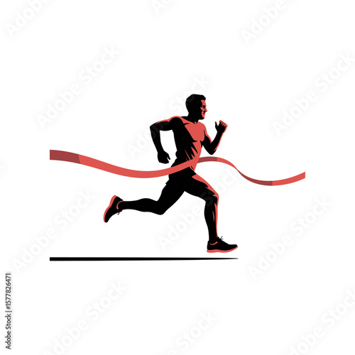 Triumphant Runner Crossing the Finish Line: A determined athlete charges towards the finish line, the red ribbon a symbol of victory and personal best. Capturing the essence of speed, competition.
