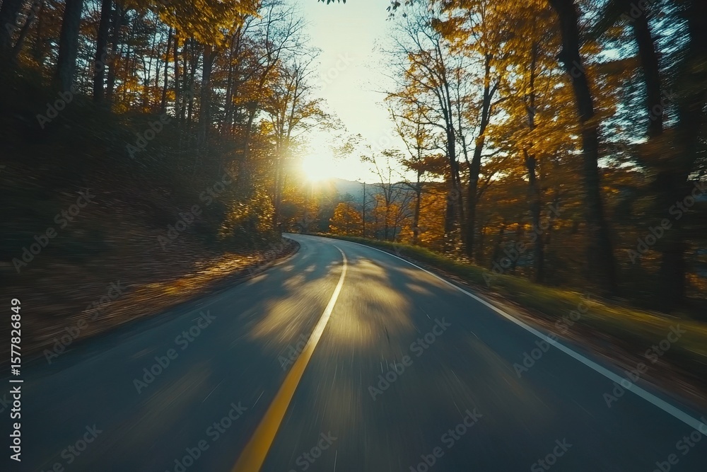 Fototapeta premium Explore the vibrant autumn colors on a scenic drive through Blue Ridge Park, Autumn POV driving time-lapse of the Blue Ridge Parkway through North Carolina at sunset