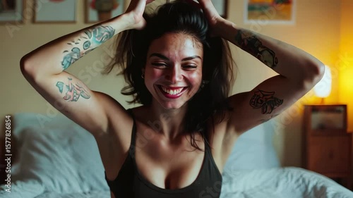 Young trans woman smiling brightly on a bed in a cozy bedroom during afternoon, Young transsexual woman sitting on bed smiling Cinematic