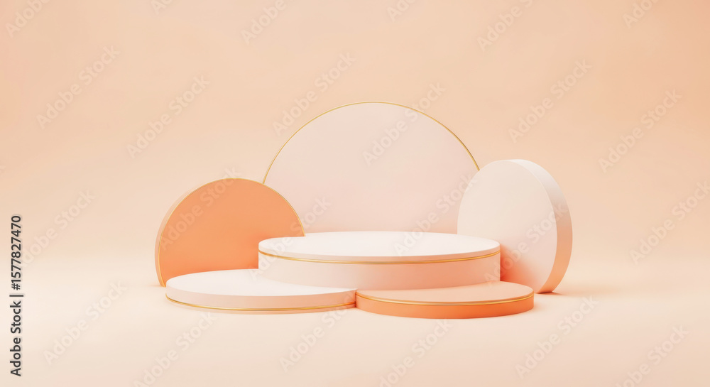 Fototapeta premium Pastel product display stage with geometric shapes and gold accents on peach background podium platform