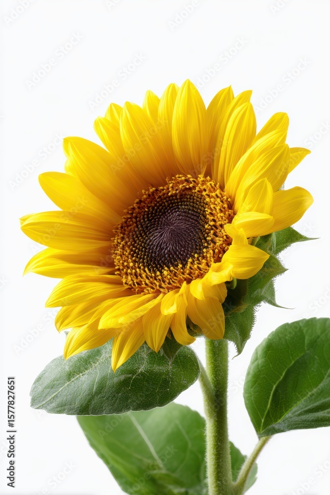 Naklejka premium A single, vibrant yellow sunflower head, isolated on a pure white background. Summer, joy, energy.