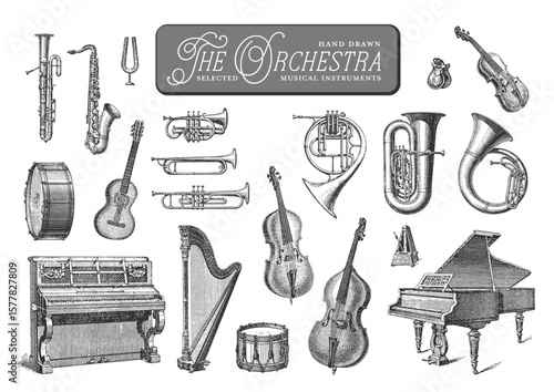 The Orchestra: set / collection of hand drawn musical instruments, violin, piano, cello, saxophone, guitar, harp, drums, concert grand, oboe, trumpet, trombone, and more,
isolated design elements