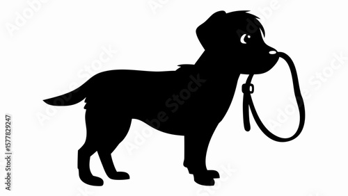 Silhouette of a dog holding a leash in its mouth ready for a walk on a white background image