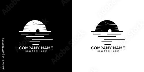 logo of sunset over the sea and some birds