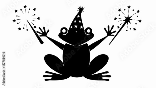 Silhouette of a frog wearing a party hat and holding sparklers on a white background illustration