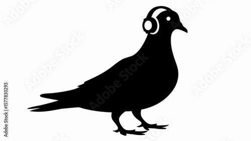 Silhouette of a pigeon wearing headphones on its head, standing on a white background, looking to the right
