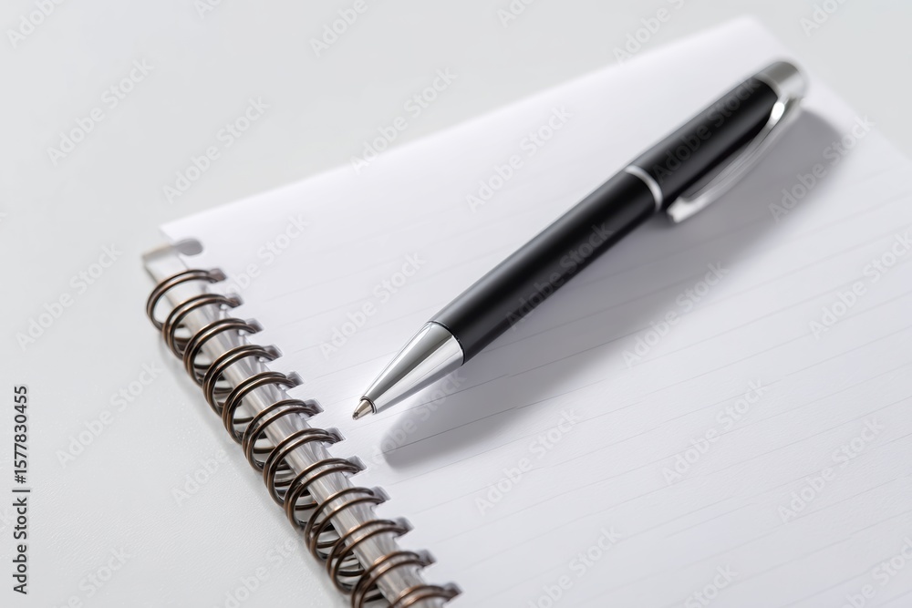 A blank notepad with a plain black gel pen, isolated on a clean white background. Note-taking, ideas. A blank notepad with a plain black gel pen, isolated on a clean white background. Note-taking, ideas.