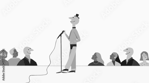 Speaker with microphone speaking to smiling audience [in monochrome palette]