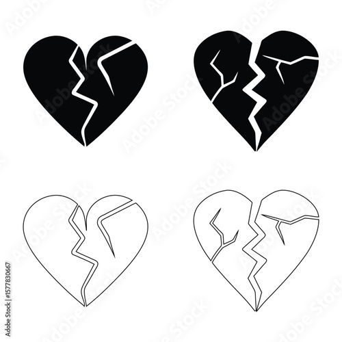 Black and white broken heart symbols cracked love