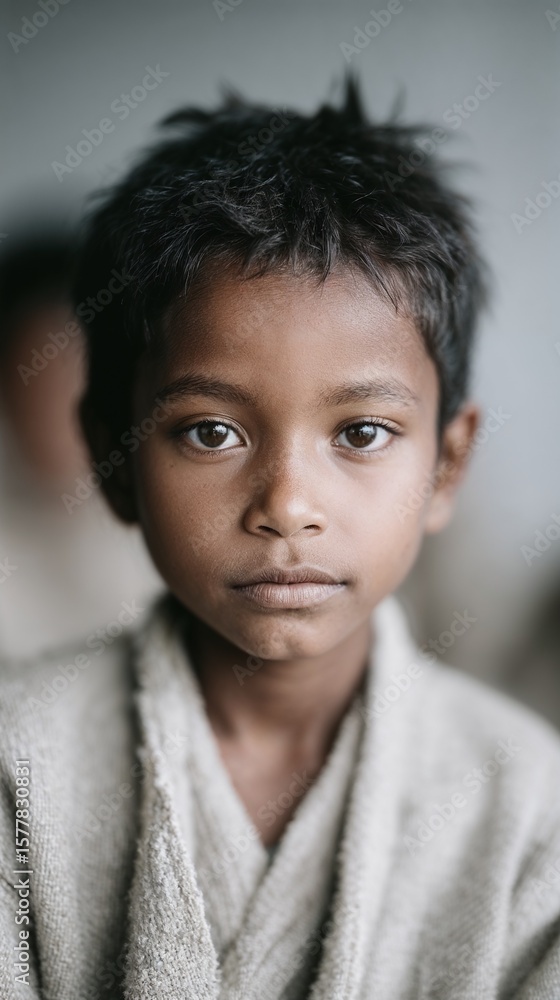 Obraz premium Young boy with serious expression wearing robe indoors