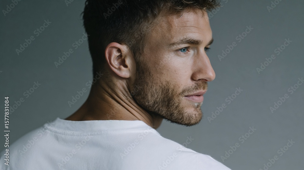 Obraz premium Bearded man in white shirt looking back over shoulder
