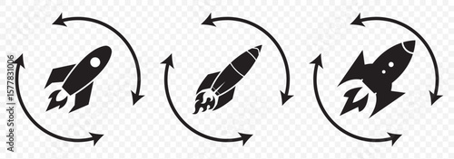 Startup icon line art, vector set. Rocket icon. Rocket launched icon vector. Set of rocket vector icons. Launch spaceship or spacecraft. Rocket fast flying for space. New business start up. EPS 10.