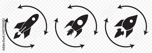 Startup icon line art, vector set. Rocket icon. Rocket launched icon vector. Set of rocket vector icons. Launch spaceship or spacecraft. Rocket fast flying for space. New business start up. EPS 10.