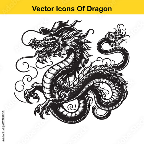 Western-Style Dragon Curled in Resting Pose – Black and White Line Art

