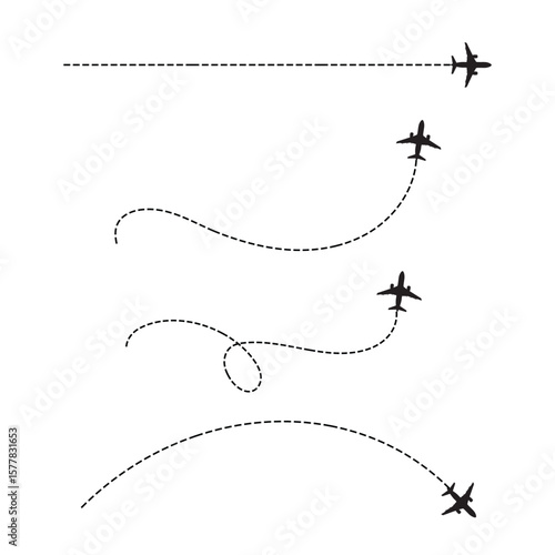 Airplane dotted route line set – travel path icons with dashed lines and flight trail vector design