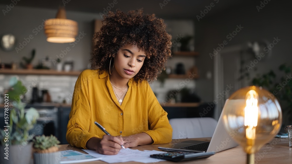 Obraz premium Focused Black woman accountant handling remote bookkeeping on laptop, cross‑checking tax return forms, and allocating budget expenses while monitoring asset performance in living room office