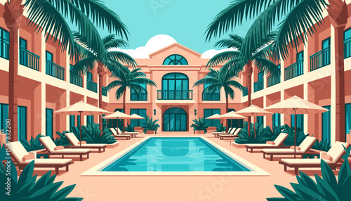 Summer hotel courtyard with palm trees, loungers, and pool, flat vector