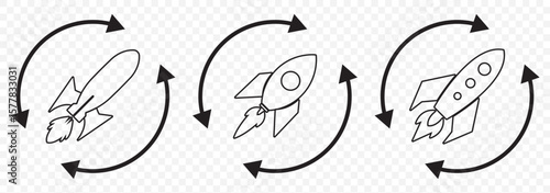 startup rocket launch icon vector sign Rocket icon. Rocket launched icon vector Startup icon set vector in black and white colors on Transparent Background. EPS 10.