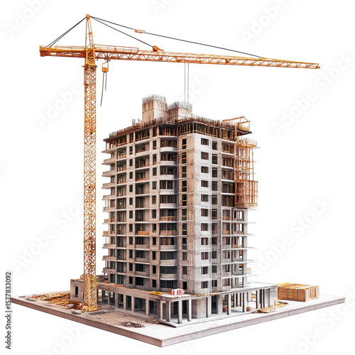 Construction site with high rise building under, Construction site featuring a high-rise building in progress, isolated on transparent background