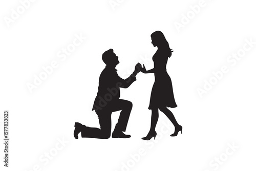 Elegant Silhouette of a Man Proposing to a Woman in a Dress on a White Background for Valentine s Day or Wedding