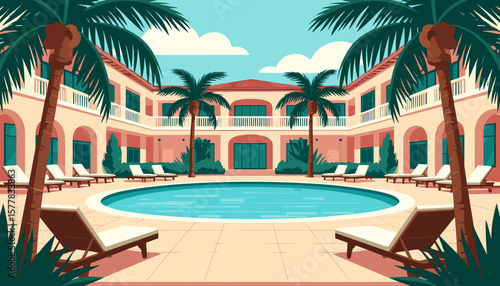 Summer hotel courtyard with palm trees, loungers, and pool, flat vector