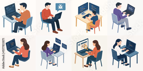 Isometric People Working with Laptop Computer, Programming and Software Development Illustration