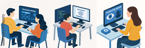 Isometric Young People Learning Programming and Computer Vision at Desk Illustration