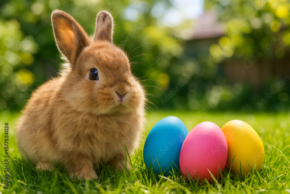 Obraz premium Brown Bunny with Colorful Easter Eggs on Grass