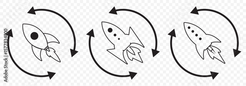 Startup icon line art, vector set. Rocket icon. Rocket launched icon vector. Set of rocket vector icons. Launch spaceship or spacecraft. Rocket fast flying for space. New business start up. EPS 10.