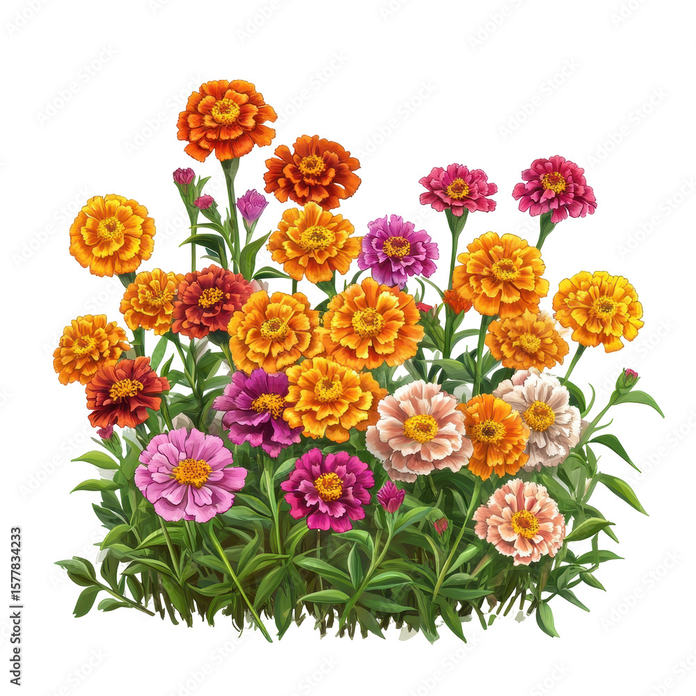 Obraz premium Colorful flowers bush of marigolds and zinnias, vibrant bush featuring blooming marigolds and zinnias in various colors, isolated on transparent background