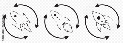 startup rocket launch icon vector sign Rocket icon. Rocket launched icon vector Startup icon set vector in black and white colors on Transparent Background. EPS 10.