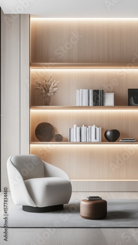 Modern minimalist bookshelf design creates an elegant reading area with soft lighting Generative AI