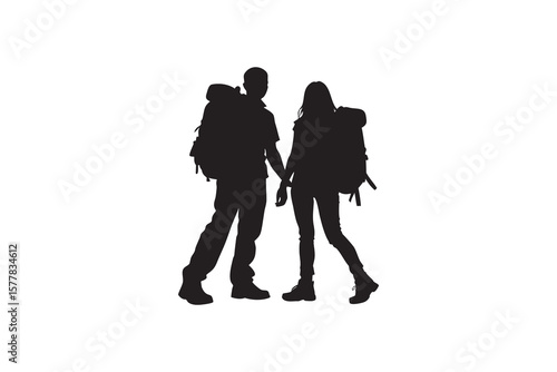 Silhouette of a Couple Hiking Together Holding Hands and Wearing Backpacks Isolated on White Background Exploring Nature and Adventure as a Team