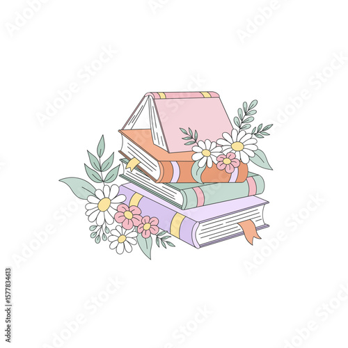 Whimsical Book pile with Daisies and wild Flowers Peeking Out Vector Illustration isolated on white in Retro Hand Drawn Pastel Style. Perfect for spring reading themed designs, greeting cards