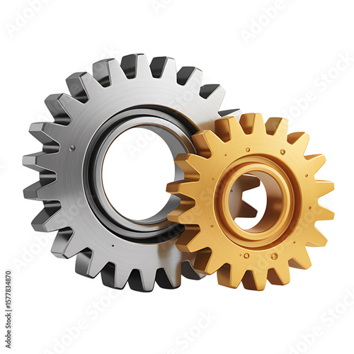 Interlocking gears in metallic silver and gold showcase mechanical precision, perfect for engineering or industrial designs.