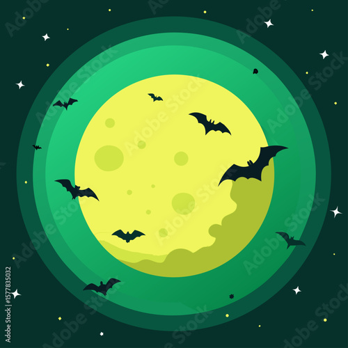 Spooky Halloween night with a vector illustration of a moon and flying bats silhouette