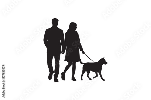 Silhouette of a couple walking a dog holding hands on a white background representing companionship love and the joy of pet ownership