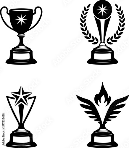 Image is a vector illustration featuring four distinct trophy designs, each in a black silhouette style. The layout is a 2x2 grid, with each trophy occupying one quadrant. The top left trophy has a cl