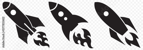 Rocket vector icon silhouette. Rocket Ship Black Silhouette Icon - Vector Illustration on Transparent Background. EPS 10.