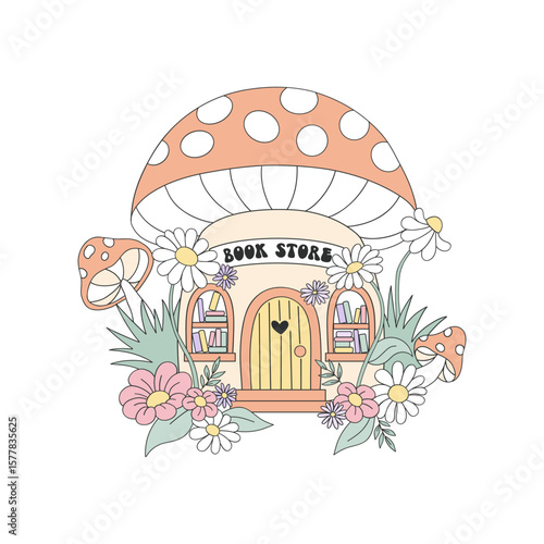 Whimsical Fly Agaric Mushroom Bookstore Vector Illustration isolated on white in Retro Pastel Hand Drawn Style. Ideal for spring reading themes, fantasy book designs, childrens decor, stationery, and