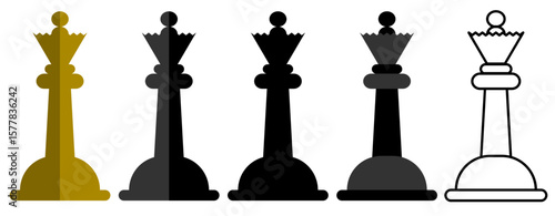 Chess Queen Icon Set – Gold, Black, Gray & Outline Variants for Strategic Game Design