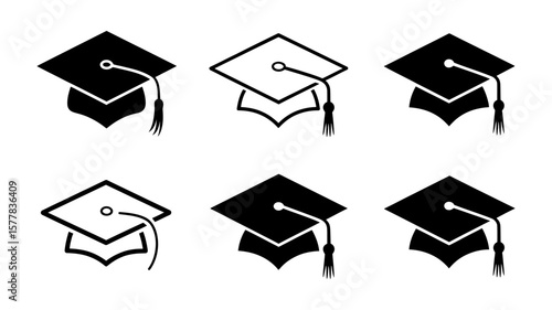 Vector art of a set of graduation cap icons represents academic achievement and the pursuit of higher education isolated on white background