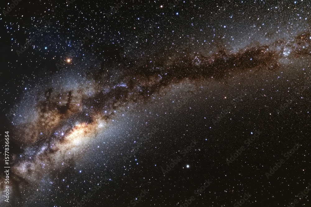 Obraz premium Milky Way reveals flickering stars in a night sky over a serene landscape, The milky way with flickering stars shining brightly as the camera pans across the sky