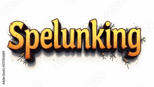 Spelunking title treatment with dimensional yellow lettering on a surface