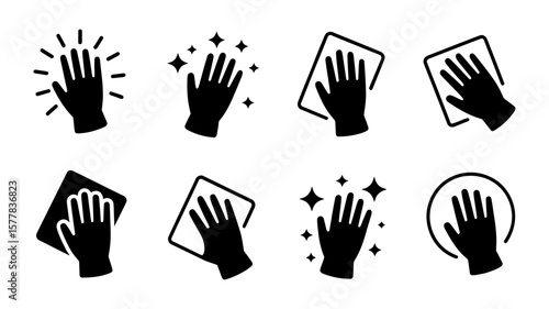 Illustration of a hand wiping a surface with a cloth, isolated on white background