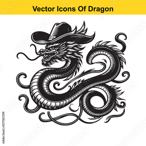 Western-Style Dragon Curled in Resting Pose – Black and White Line Art

