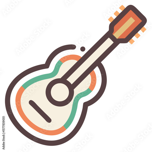 Acoustic guitar design showing stringed musical instrument. Acoustic guitar design features a guitar outline, body, fretboard, and tuning pegs, and includes thick, dark strokes.
