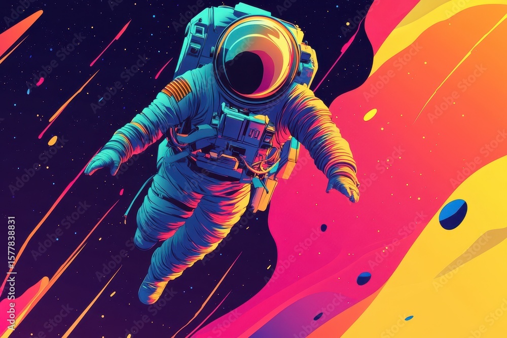 Fototapeta premium Astronaut confidently flies through vibrant cosmic space amidst colorful celestial elements, An Astronaut in a spacesuit confidently flying through space and time